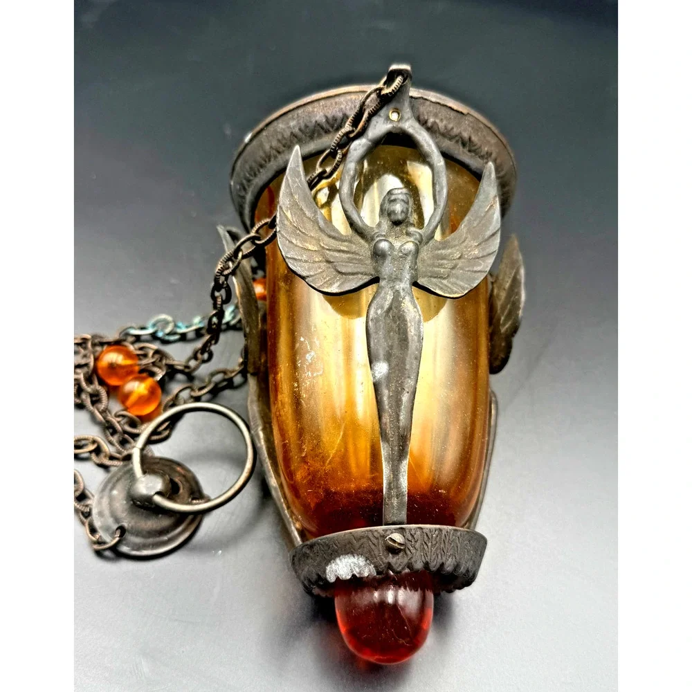 Hanging Metal Art Deco Sanctuary Vigil Lamp Candle Holder Amber Glass Wing Angel